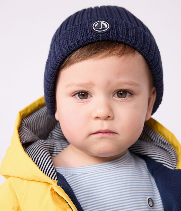 Bonnet b&eacute;b&eacute; en tricot doubl&eacute; en polaire bleu marine