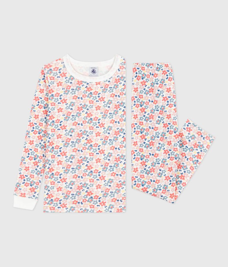 Pyjama enfant en coton  tr&egrave;s ajust&eacute; imprim&eacute; fleurs blanc/multicouleur