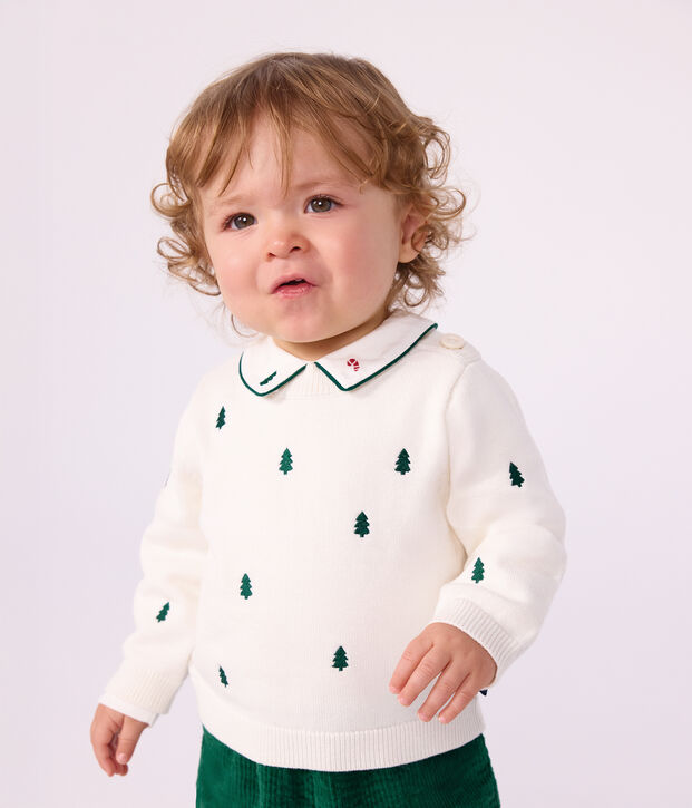 Pull b&eacute;b&eacute; en laine et coton et sapins brod&eacute;es &eacute;cru/vert