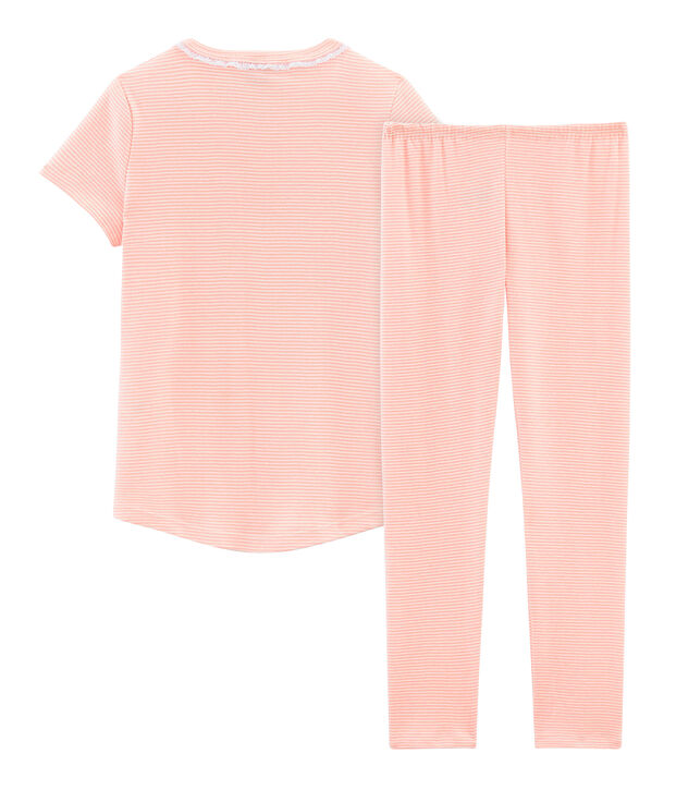 Meisjespyjama met korte mouwen in ribkatoen roze/wit