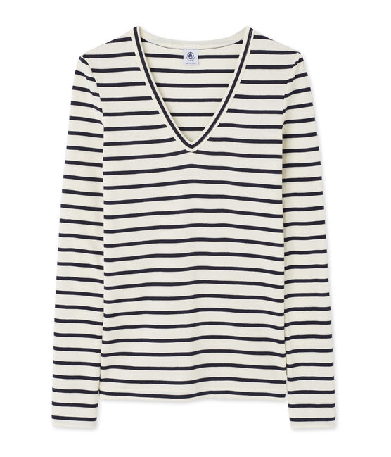 Gestreept dames-T-shirt met lange mouwen en V-hals beige COQUILLE/blauw SMOKING