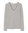 Gestreept dames-T-shirt met lange mouwen en V-hals beige COQUILLE/blauw SMOKING