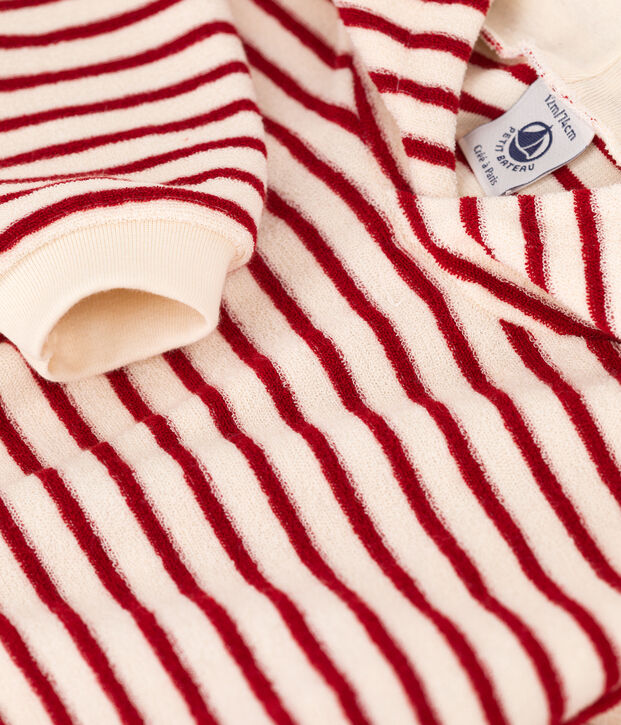 Sweatshirt &agrave; capuche b&eacute;b&eacute; en bouclette &eacute;ponge &eacute;cru/rouge