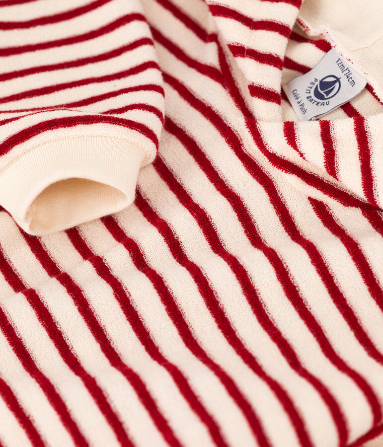 Sweatshirt &agrave; capuche b&eacute;b&eacute; en bouclette &eacute;ponge &eacute;cru/rouge