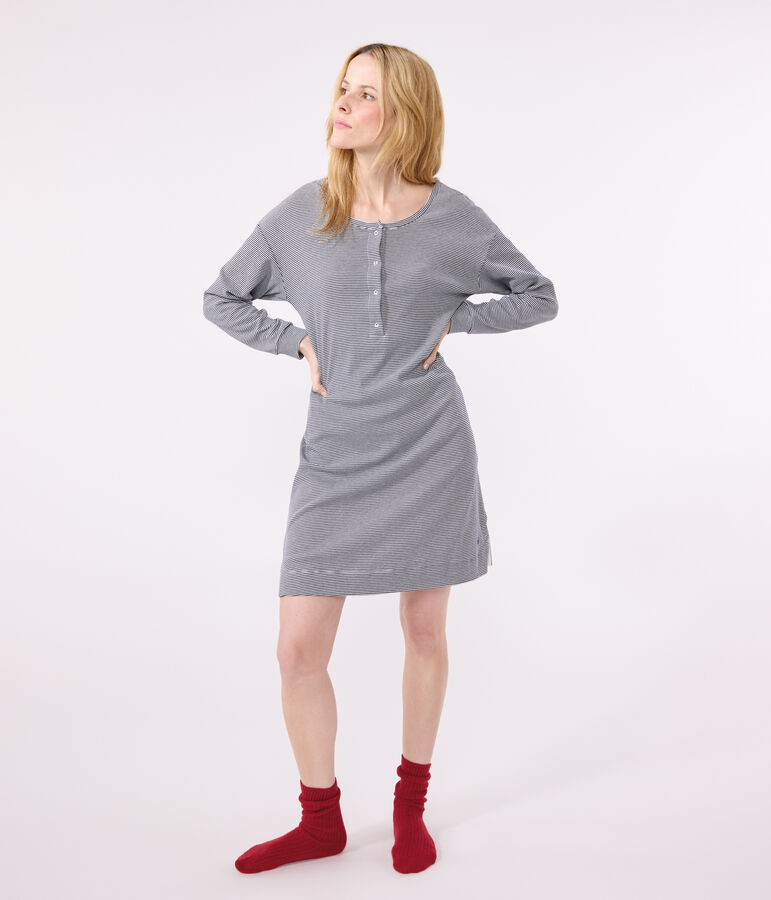 Chemise de nuit en coton ray&eacute; femme bleu/blanc
