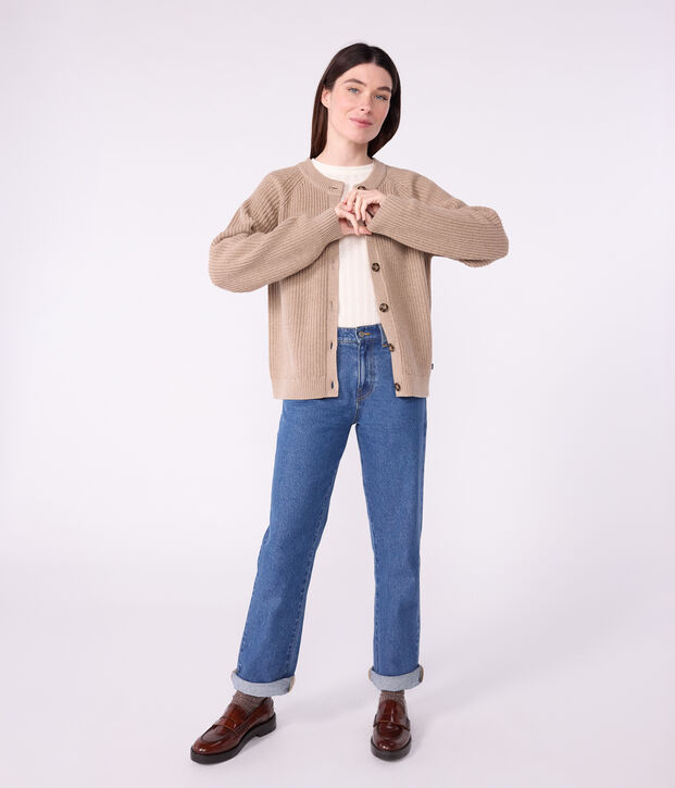 Effen cardigan van wol en katoen bruin