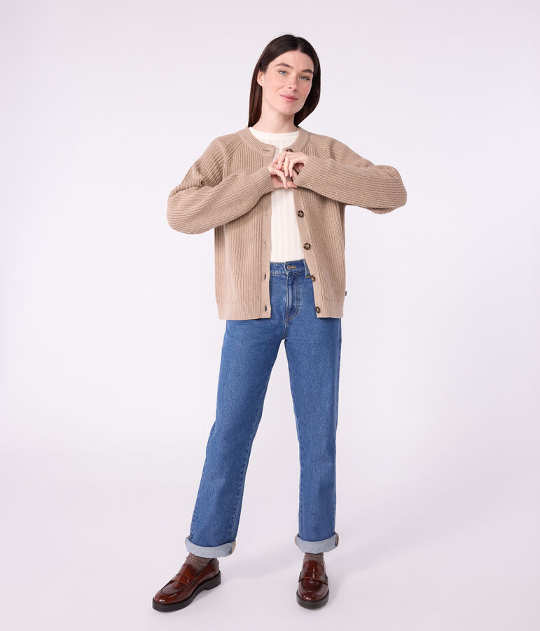Cardigan femme en laine et coton uni marron