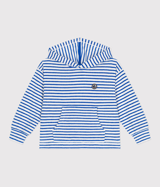 Uniseks sweatshirt met kap en streepjes van katoenen badstof voor kinderen blauw MARSHMALLOW/ PORCELANA