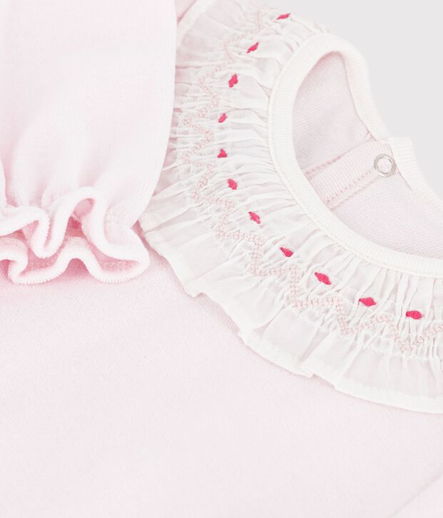 Pyjama b&eacute;b&eacute; en velours avec collerette et ouverture dos uni rose clair