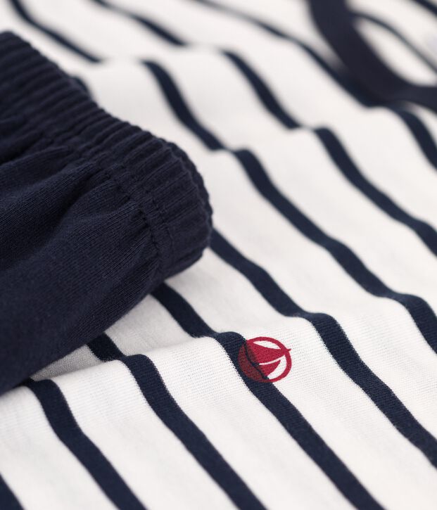 Geribde pyjama met marini&egrave;restrepen uniseks wit/blauw