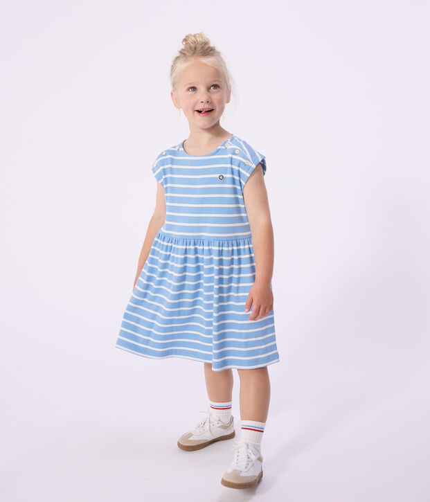 Mouwloze katoenen kinderjurk met strepen blauw/wit