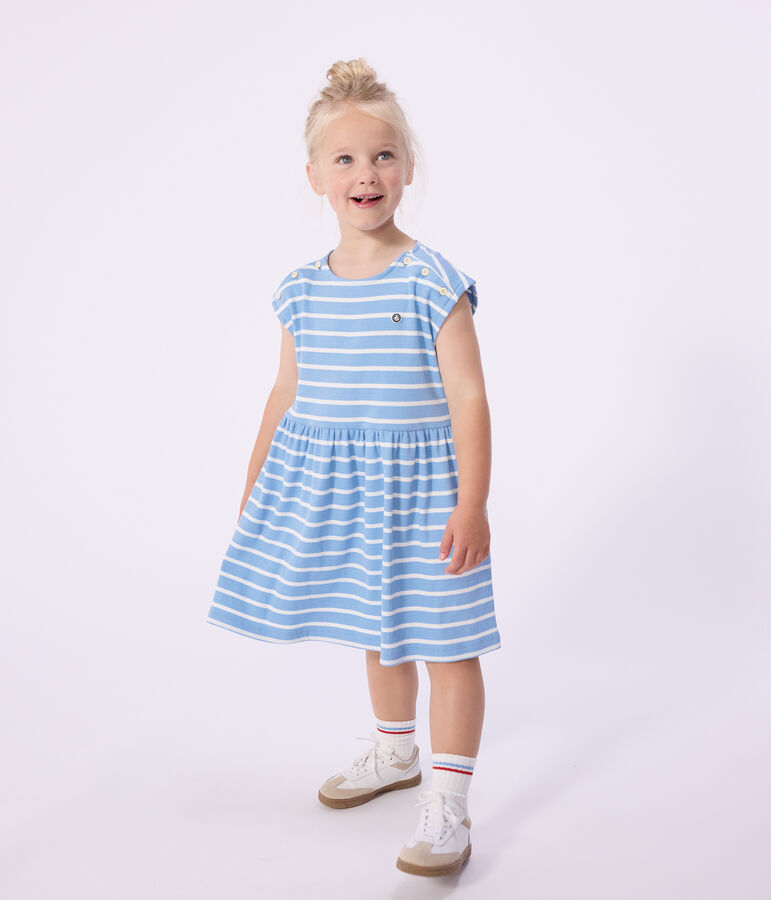 Mouwloze katoenen kinderjurk met strepen blauw/wit