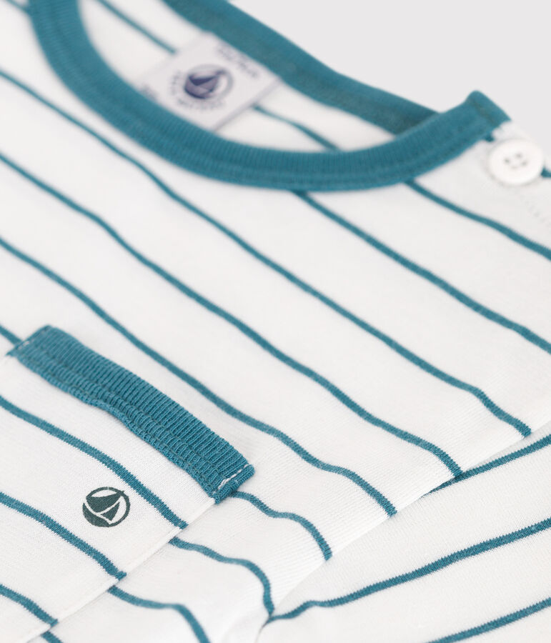 Katoenen T-shirt met korte mouwen en streepjes voor baby's wit/groen