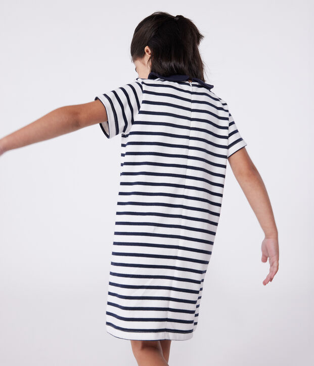 Robe enfant en coton manches courtes blanc/bleu