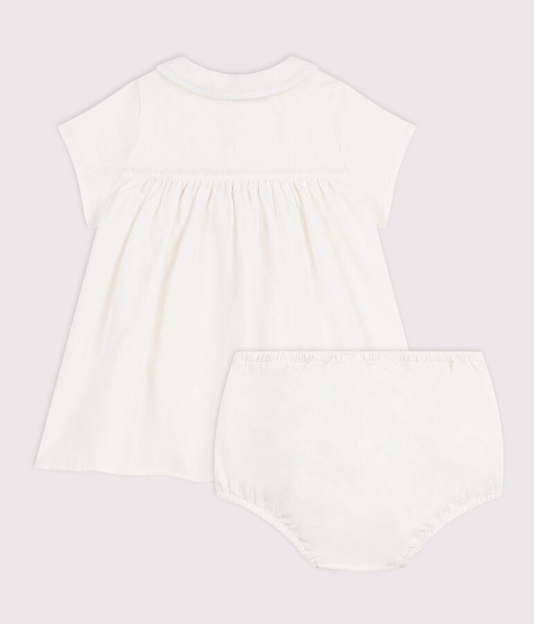 Robe b&eacute;b&eacute; en coton/lin avec son bloomer, avec d&eacute;tail brod&eacute; blanc MARSHMALLOW