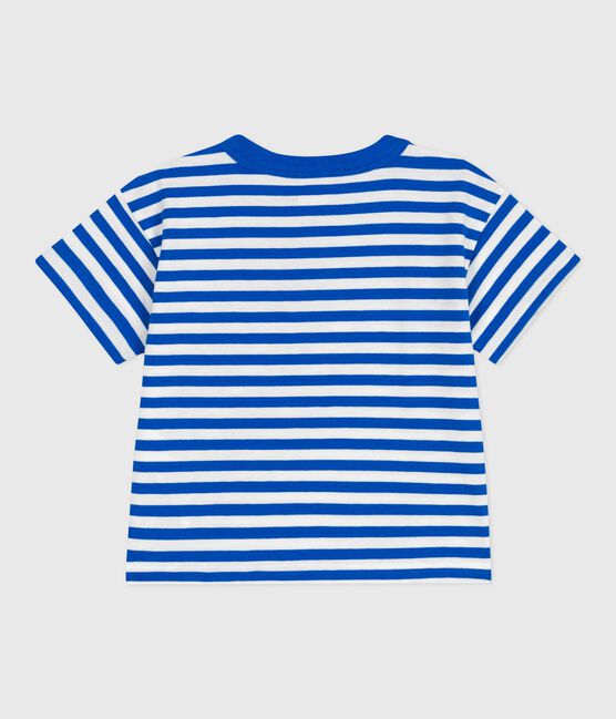 Katoenen T-shirt met korte mouwen en streepjes voor baby's blauw PORCELANA/ MARSHMALLOW