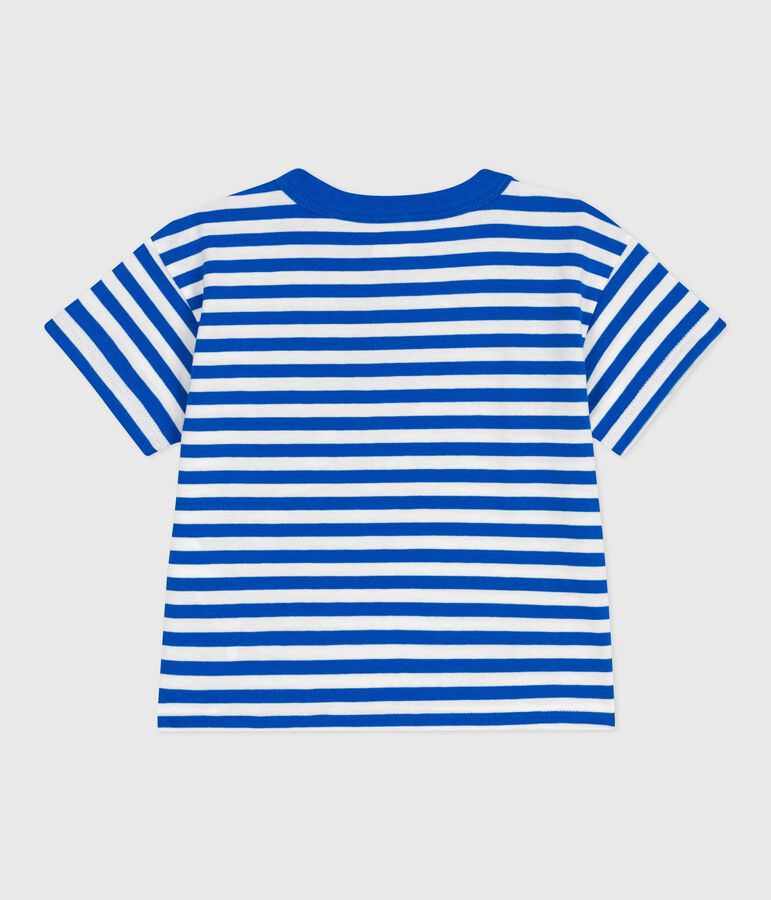 Katoenen T-shirt met korte mouwen en streepjes voor baby's blauw/wit