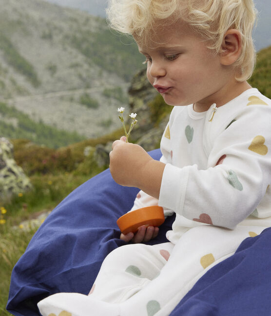 Fluwelen babypyjama met meerkleurige hartjesprint wit MARSHMALLOW/wit MULTICO