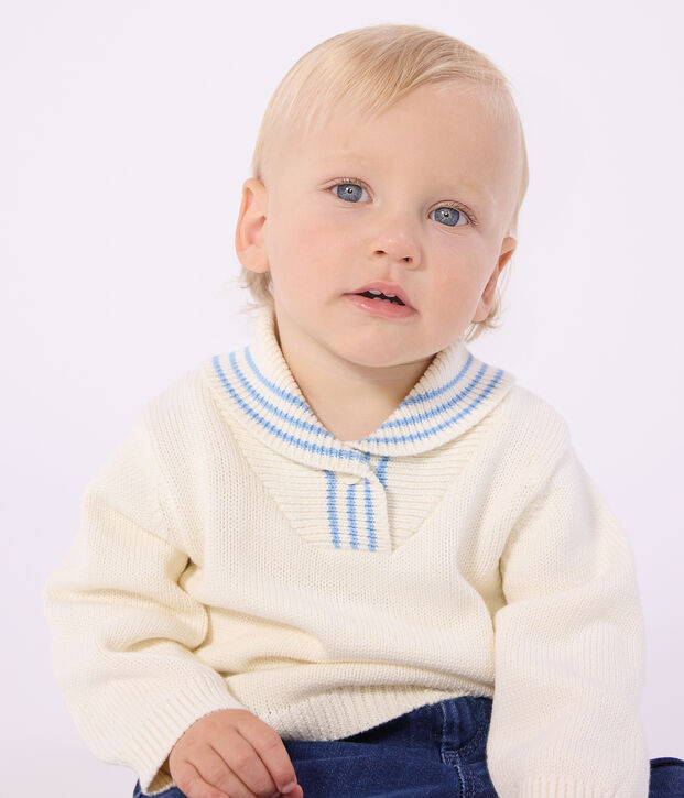 Pull b&eacute;b&eacute; en coton &agrave; col ch&acirc;le ray&eacute; blanc cass&eacute;