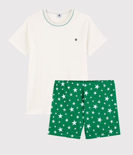 Witte pyjacourt van ribstof uniseks wit MARSHMALLOW/groen GAZON