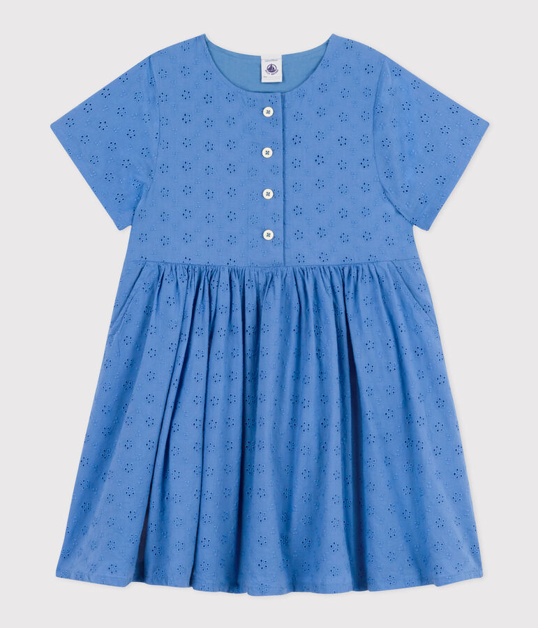 Robe manches courtes en broderie anglaise enfant fille bleu