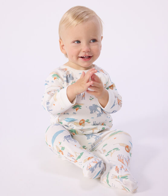 Katoenen babypyjama met rits en savanaprint wit MARSHMALLOW/wit MULTICO