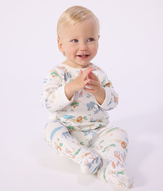Katoenen babypyjama met rits en savanaprint wit/multicouleur