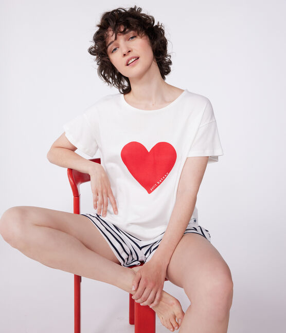 Pyjama short femme en coton imprimé cœurs blanc MARSHMALLOW/bleu SMOKING