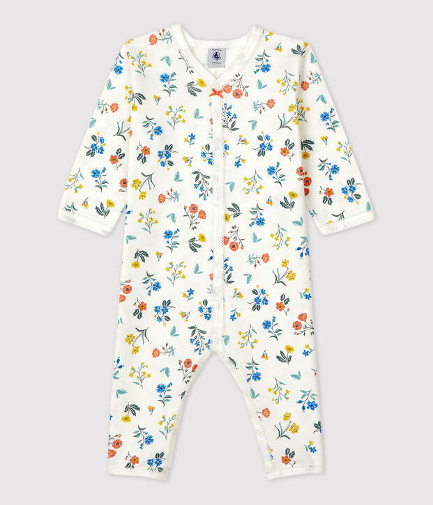 Dors-bien fleuri b&eacute;b&eacute; sans pieds en coton blanc/multicouleur