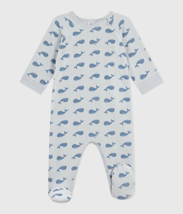 Fluwelen babypyjama met rits en walvisjesprint blauw/blauw
