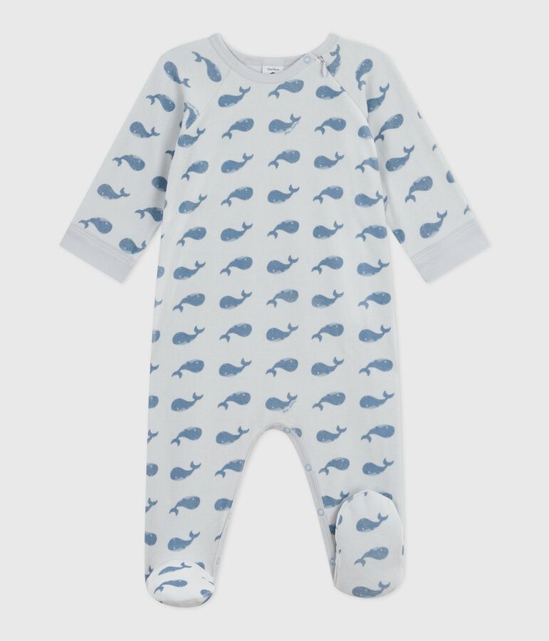 Fluwelen babypyjama met rits en walvisjesprint blauw/blauw