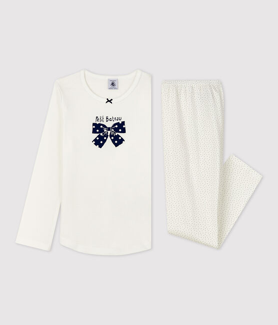 Pyjama à pois petite fille en coton biologique blanc MARSHMALLOW/bleu MEDIEVAL