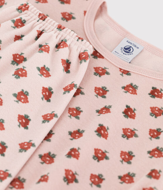 Fluwelen meisjespyjama met bloemetje roze SALINE/wit MULTICO