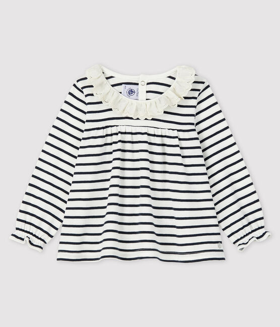 Blouse met lange mouwen babymeisje wit MARSHMALLOW/blauw SMOKING