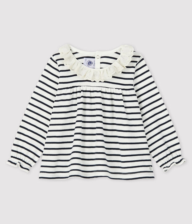 Blouse manches longues b&eacute;b&eacute; fille blanc/bleu