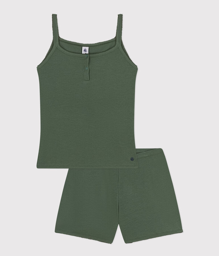 Pyjama short et d&eacute;bardeur uni en coton et lyocell femme vert