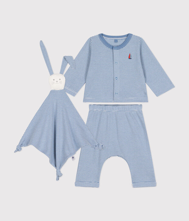 Coffret ensemble 3 pi&egrave;ces en coton b&eacute;b&eacute; bleu/blanc