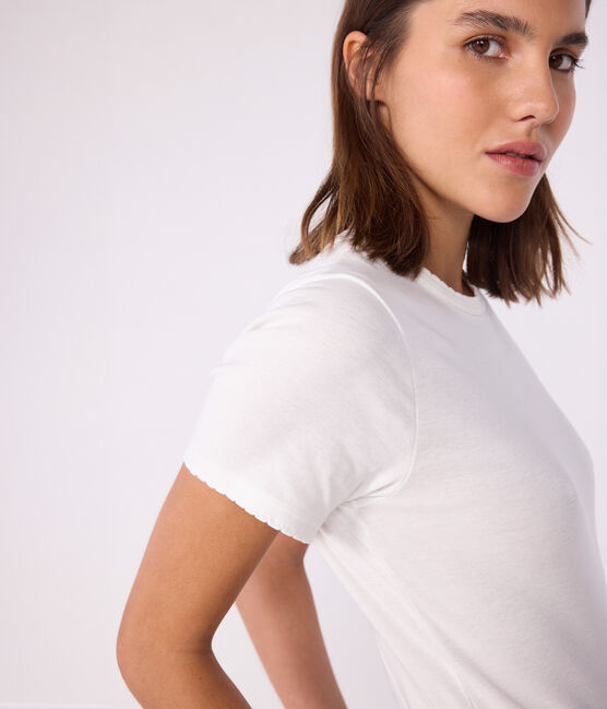 L'Iconique T-shirt met korte mouw en kartelrandje van effen ribstof voor dames wit ECUME