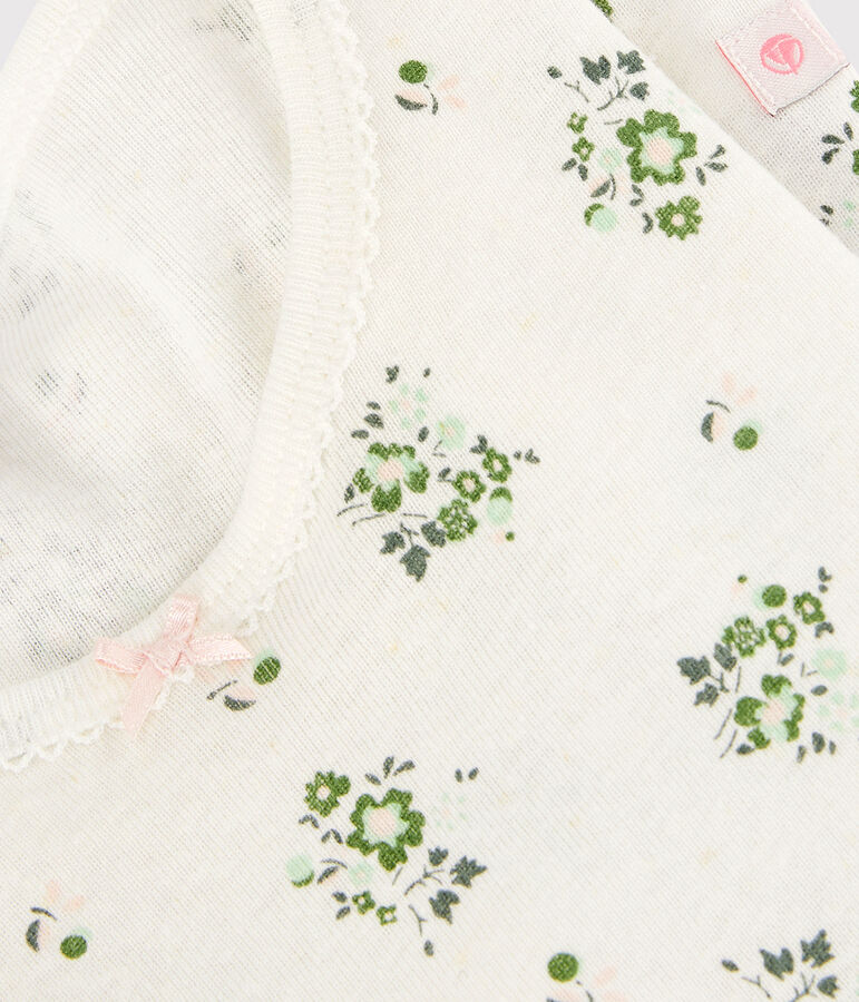 Korte meisjespyjama met bloemen in katoen en linnen wit MARSHMALLOW/wit MULTICO