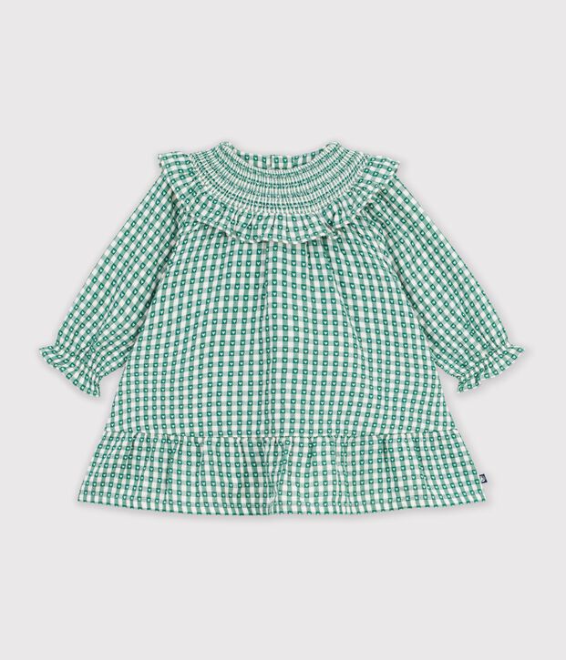 Katoenen babyjurkje met lange mouwen en vichyruitjes groen/wit