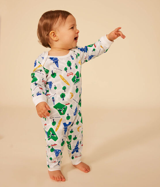 Katoenen babypyjama zonder voetjes met Parijsprint wit MARSHMALLOW/blauw MEDIEVAL