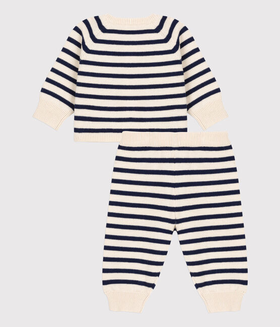 Ensemble 2 pièces à rayures marinières bébé en tricot laine et coton blanc AVALANCHE/bleu SMOKING