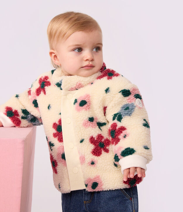 Manteau b&eacute;b&eacute; ouatin&eacute; en sherpa imprim&eacute;e fleurs &eacute;cru/multicouleur