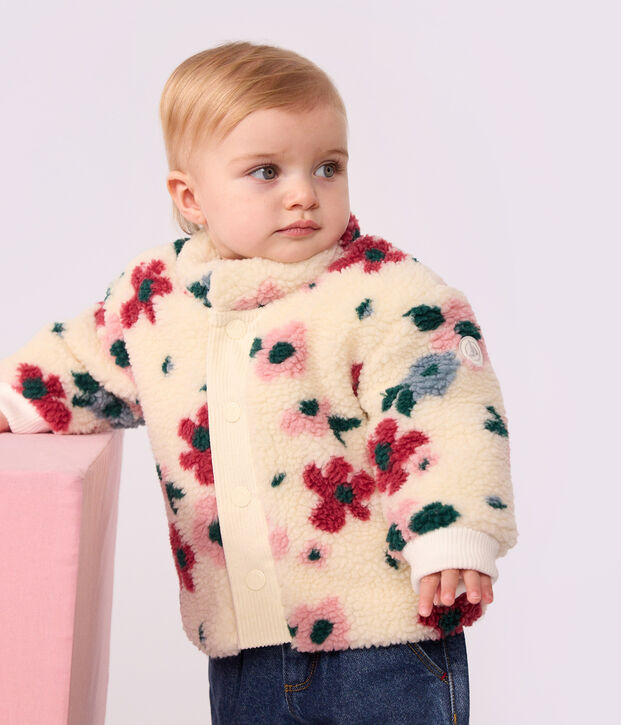 Babyjas met wattering van sherpa en bloemenprint ecru/multicouleur