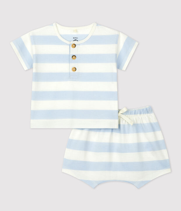 Gestreept ensemble van jerseystof uit 2 delen voor baby's blauw/wit