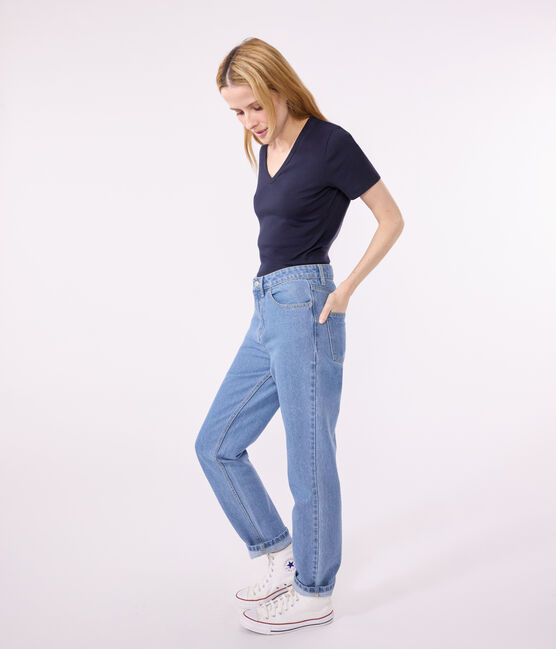 L'Iconique, T-shirt met korte mouw van effen ribstof voor dames blauw SMOKING