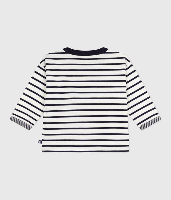 Gestreept T-shirt met lange mouwen in katoen voor baby's wit MARSHMALLOW/blauw SMOKING