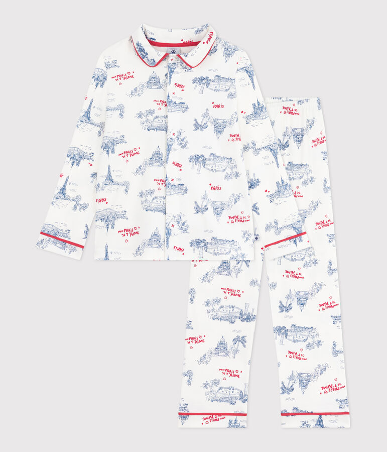 Pyjama enfant en coton boutonn&eacute; imprim&eacute; Paris blanc/multicouleur