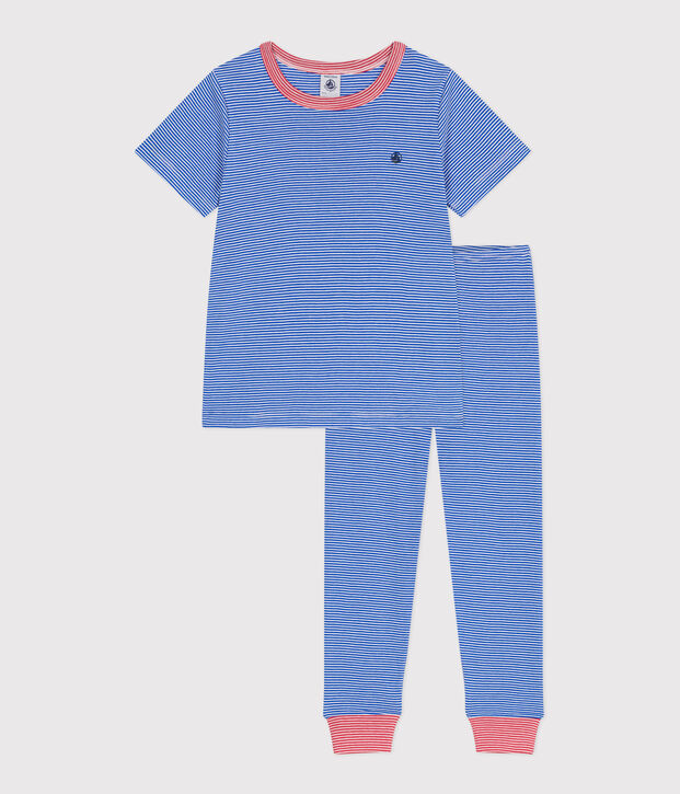 Pyjama enfant en coton &agrave; rayures bleu/blanc