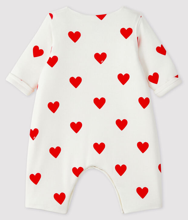 Combinaison longue c&oelig;urs rouges b&eacute;b&eacute; fille en c&ocirc;te blanc/rouge